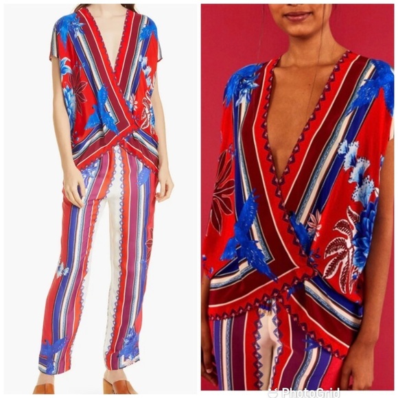 FARM Rio Tops - Farm Rio Macaw Scarf Blouse + Macaw Scarf Straight-Leg Pants